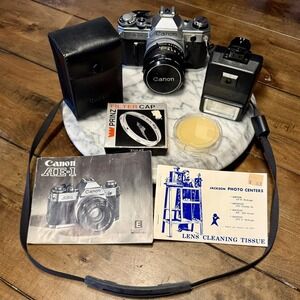 Canon AE-1 Film Camera 55mm Lens Speedlite 155A Flash Manual Cleaning Tissue